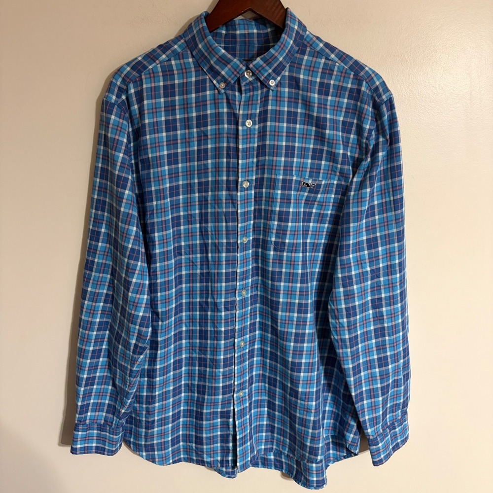 Vineyard Vines Performance Classic Fit Tucker Shirt Blue Plaid Mens Large L